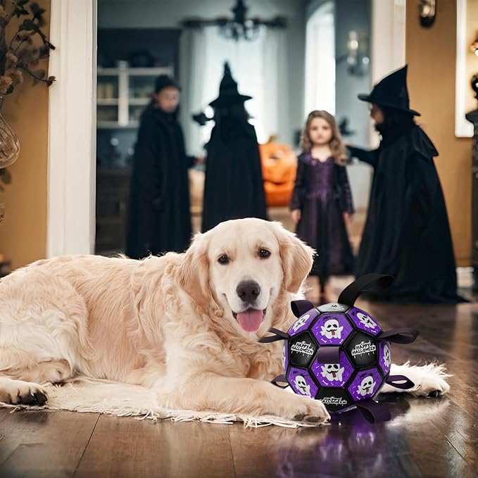 Halloween Dog Toy Halloween Dog Soccer Ball with Straps Dog Interactive Ball Toy Dog Halloween Tug of War Toy Dog Soccer Ball for Small Medium Large Size Dogs (6 inches) S