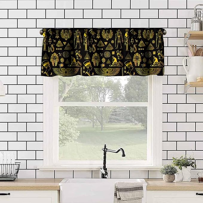 Ancient Egypt Valance Curtains Vintage Egyptian Culture Symbol Mysterious Egypt Tribal Ethnic Gold Black Window Valance Curtain for Farmhouse Bedroom Living Room Kitchen 54x18inch
