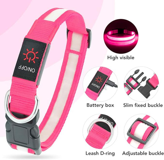 Vizpet LED Dog Collar, Light Up Dog Collar Adjustable USB Rechargeable Super Bright Safety Light Glowing Collars for Dogs (X-Large, Pink)