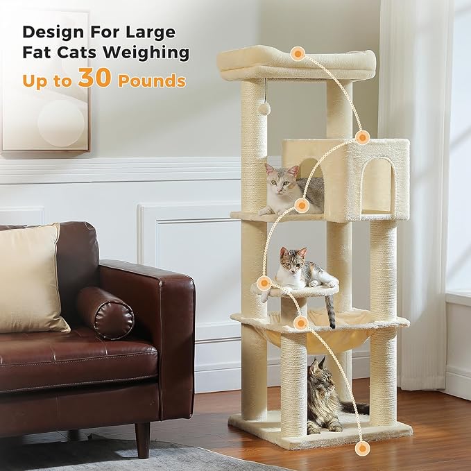 MUTTROS Large Cat Tree with Reinforced Scratching Posts (φ3.7in) for Big Adult Cats 30 lbs, 57.8" Heavy Duty Cat Tower with Larger Hammock and Condo, Cat Furniture for Maine Coon, Plush,Beige