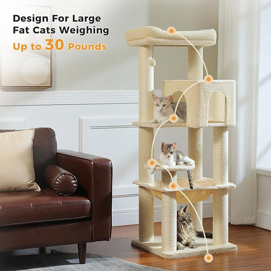 MUTTROS Large Cat Tree with Reinforced Scratching Posts (φ3.7in) for Big Adult Cats 30 lbs, 57.8" Heavy Duty Cat Tower with Larger Hammock and Condo, Cat Furniture for Maine Coon, Plush,Beige