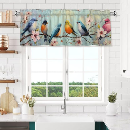 Spring Floral Bird Curtain Valance Short Rod Pocket Window Treatment for Living Room Bedroom Kitchen Bathroom 1 Panel 54" W x 18" L