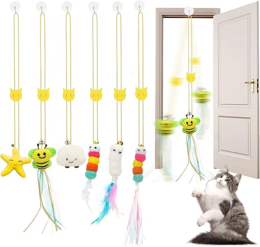 JIARON 6 PCS Interactive Cat Feather Toys, Indoor Hanging Retractable Cat Toy, Self Play Toys Make Fun Excecise