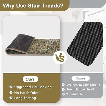 Non Slip Stair Treads for Wooden Steps 15PCS - 8"x30" Indoor Safety Carpet, Edging Mats with TPE Adhesive Backing, Pet and Elderly Friendly Stair Rugs (Dark Green&Brown)