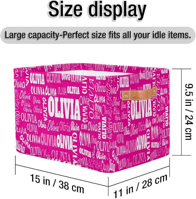 Personalized Foldable Storage Basket with Name, Laundry Hamper Dirty Clothes Pet Toys Storage Bin with Handles for Shelf Home Closet Kitchen, Deep Pink Color