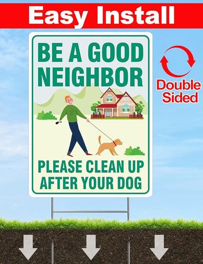 Clean Up After Your Dog Signs, 2 Pack 12.6" x 9.5" with Metal Stake, No Pooping Dog Signs with UV Protected & Waterproof, Double Sided Pick Up After Your Sign for Yard
