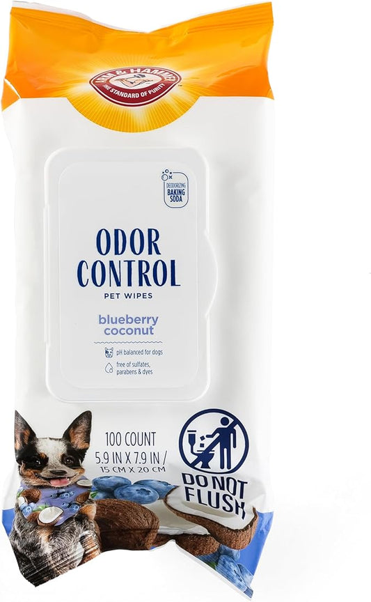 Arm & Hammer for Pets Odor Control Wipes for Dogs, Best Odor Eliminating Waterless Cleaning for Dogs & Puppies | Blueberry Coconut Scent, 100ct