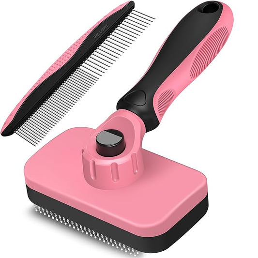 2PCS Self Cleaning Slicker Brush & Dog Comb - Skin Friendly Deshedding Grooming Tool for Dogs, Cats and Small Animals, Professional Deshedding Dematting Tool for Long and Short Haired Pets (Pink)