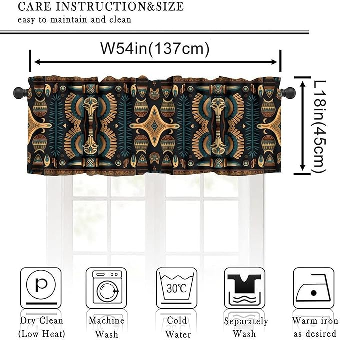 Vintage Ancient Egypt Valance Curtains, Retro Ethnic Old Egyptian Floral Geometric Print Mysterious Traditional Egypt Culture Window Valance Curtain for Farmhouse Bedroom Living Room Kitchen 54x18inch