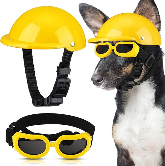 Frienda Dog Helmet and Goggles, UV Protection Doggy Sunglasses and 4 Inch Padded Puppy Motorcycle Helmet Adorable Dog Goggles with Adjustable Belt for Small Dogs Puppy Riding(Yellow,L)