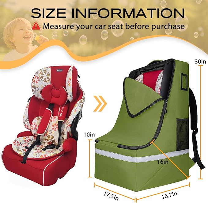 LARIPOP Car Seat Travel Bag for Airplane Gate Check Approved, Padded Backpack with Adjustable Straps, Reflective Strips & Protective Feet for Infant Convertible Booster Seats, Green