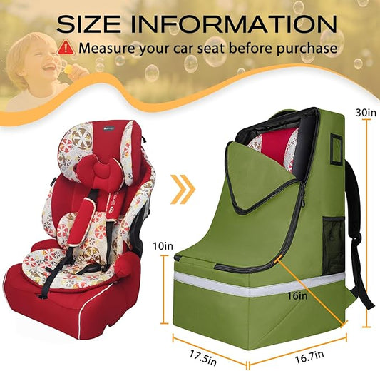 LARIPOP Car Seat Travel Bag for Airplane Gate Check Approved, Padded Backpack with Adjustable Straps, Reflective Strips & Protective Feet for Infant Convertible Booster Seats, Green