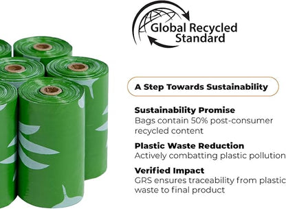 Best Pet Supplies Poop Bags for Dogs, 50% Post-Consumer Recycled Content dog waste bags on rolls, fits all poop bag holders for leashes - 300 Count, Green, Unscented