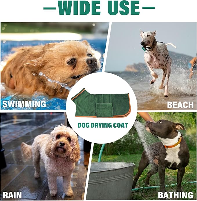 Dog Drying Coat - Fast Drying Dog Towel Robe - Microfiber Super Absorbent Pet Bathrobe, Adjustable Collar & Belly Strap Coat Pet Bath Robe Towel (Medium, Green)