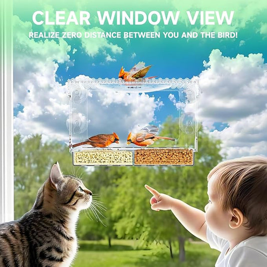 Acrylcc Window Bird Feeders with Strong Suction Cups for Window Viewing and Balcony,See Through Wild Birdfeeder with Bath and Water Combo,Clear Windows Bird Feeder for Cats,Kids,Birds Lover Gifts