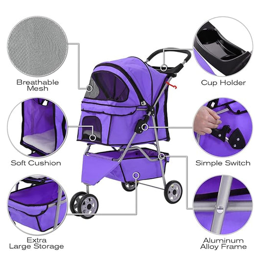 HCY Folding Dog Stroller, 3 Wheels Cat Strollers Pet Gear for Small Medium Cats Dogs Puppy with Storage Basket, Cup Holder,Lightweight-Purple, 35.04inchx17.32inchx38.58inch