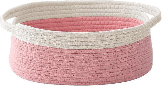 Woven Basket,Small Rope Storage Bin with Handles & Ribbon Bag, Organizer for Shelves Closets,Gift Basket Empty for Birthday,Books,Dog Toys, White&Pink