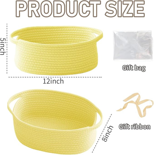 Woven Basket,Small Rope Storage Bin with Handles & Ribbon Bag, Organizer for Shelves Closets,Gift Basket Empty for Birthday,Books,Dog Toys, Yellow/3 Pack