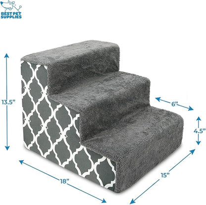 Best Pet Supplies Dog Stairs & Steps - Foam Steps for Small Dogs & Cats, Non-Slip Indoor Balanced Pet Step Support, Dog Ramp, No Assembly, Gray Lattice Print, 3-Step (13.5-inch Height)