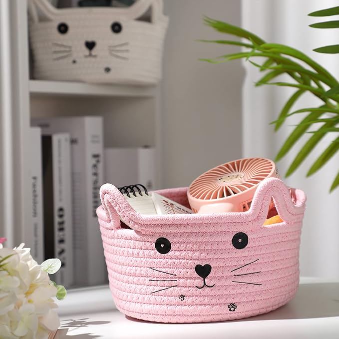 Zopeal Cat Basket Storage Woven Organizer with Ears Easter Decorative Pet Toy Cute Cotton Rope Basket for Gift Cat Dog Toy Bin Nursery Room(8.3 x 4.7 Inch,Pink)