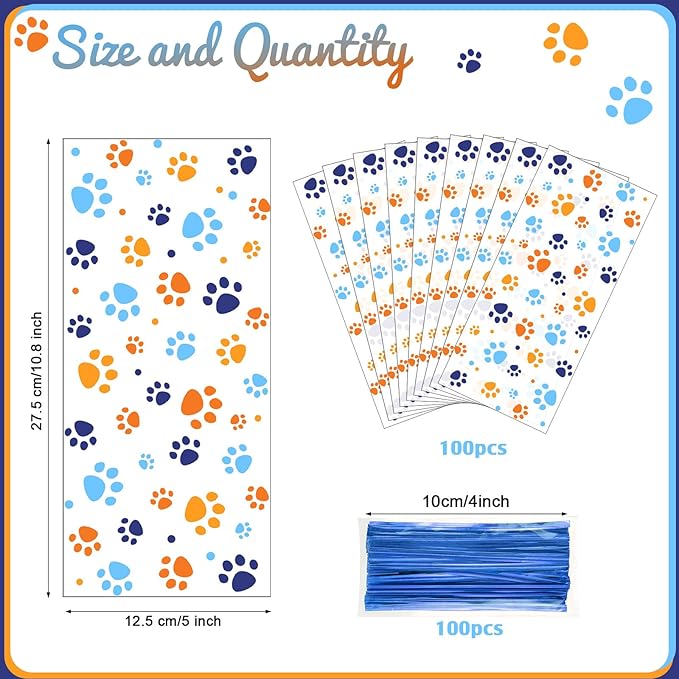 Blulu 100 Pieces Dog Treat Bags Puppy Party Favor Pet Paw Cone Cellophane Bags Candy Heat Sealable Dog Paw Gift with 100 Pieces Silver Twist Ties for Pet Cat Treat Party Favor (Blue and Orange)