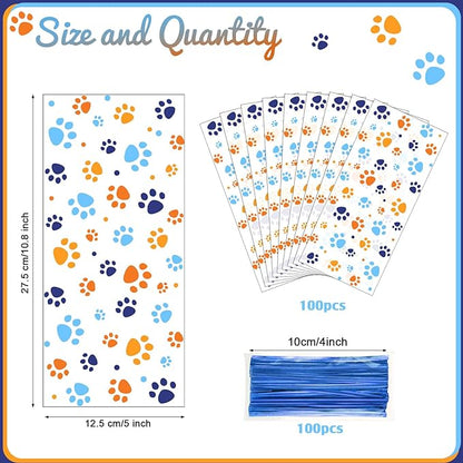 Blulu 100 Pieces Dog Treat Bags Puppy Party Favor Pet Paw Cone Cellophane Bags Candy Heat Sealable Dog Paw Gift with 100 Pieces Silver Twist Ties for Pet Cat Treat Party Favor (Blue and Orange)