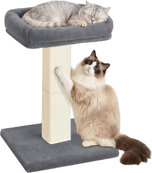 AGYM Cat Scratching Post, 32”Cat Scratcher with Large Plush Perch, Sisal & Carpet Scratching Post, Vertical Posts with Elevated Bed for Indoor Cats, Removable& Washable Cover, Grey