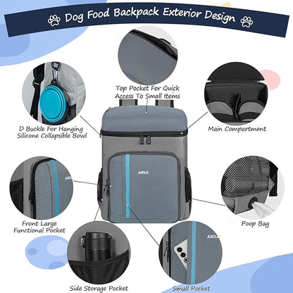 ANILD Dog Travel Bag Backpack, Flight-Ready TSA-Approved Dog Travel Bag with 2 Leak-Proof Food Canisters, 5 Foldable Silicone Bowls, Multi-Compartment Organizer for Hiking, Camping, Dog Mom Essentials