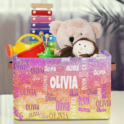 Custom Storage Baskets for Kids with Name, Large Foldable Organizer Collapsible Storage Bin with Leather Handle for Home Toys Closet Nursery, Bling Glitters Colorful Red Yellow