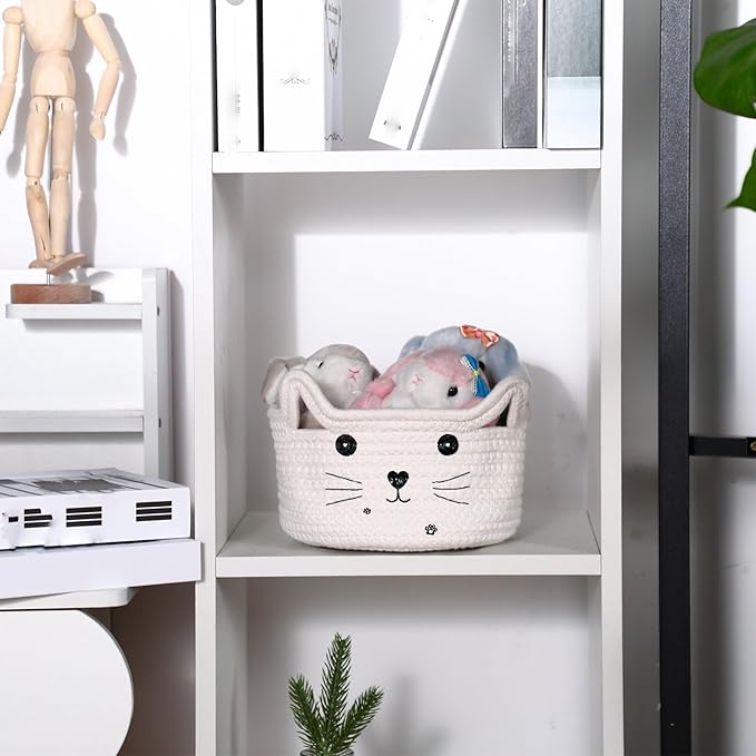 Zopeal Cat Basket Storage Woven Organizer with Ears Easter Decorative Pet Toy Cute Cotton Rope Basket for Gift Cat Dog Toy Bin Nursery Room(8.3 x 4.7 Inch,White)