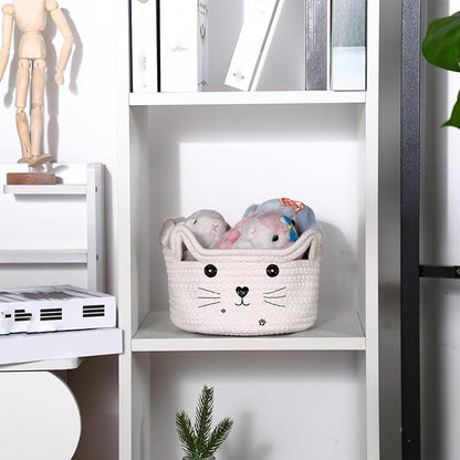 Zopeal Cat Basket Storage Woven Organizer with Ears Easter Decorative Pet Toy Cute Cotton Rope Basket for Gift Cat Dog Toy Bin Nursery Room(8.3 x 4.7 Inch,White)