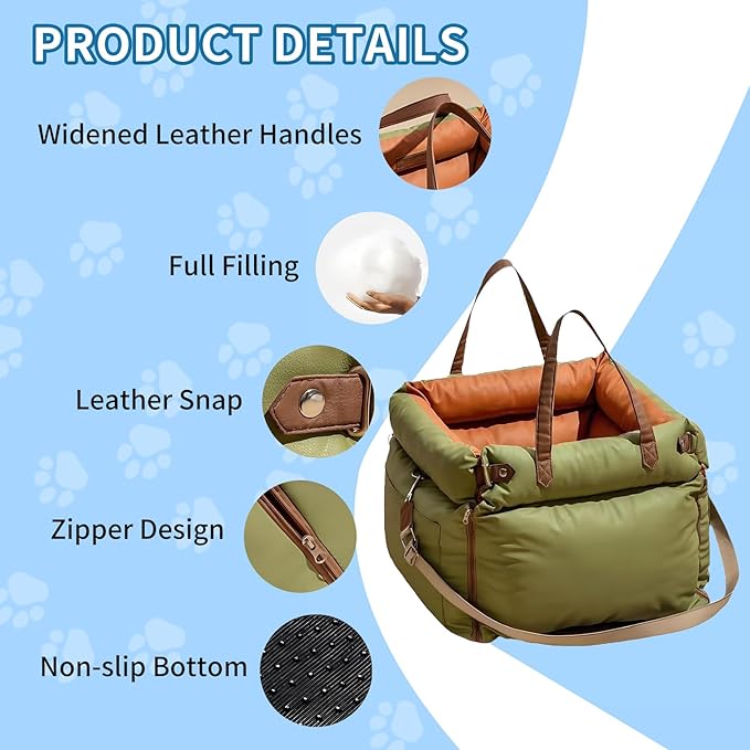 Garvee Dog Booster Car Seat, Waterproof PU Leather Upholstered Cat Bed for Car with Storage Pockets Portable Pet Seat, Bite-Resistant Pet Carrier Bag for Travel and Home, Green