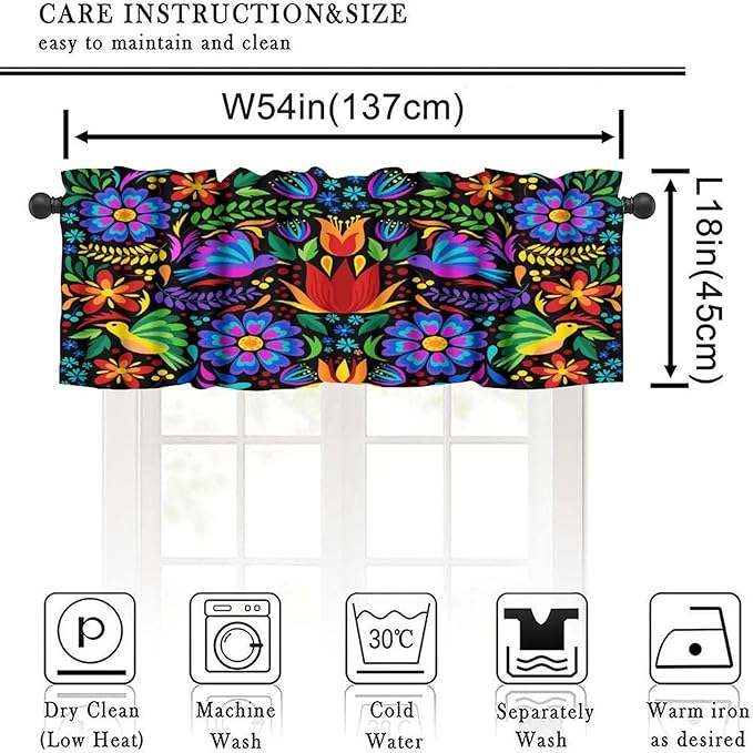 Mexico Valances Curtain for Kitchen, Mexican Folk Art Traditional Flower Pattern Window Treatment Valances Short Curtains Rod Pocket Drape for Dining Room Home Farmhouse Decor, 54x18inch