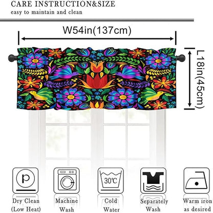 Mexico Valances Curtain for Kitchen, Mexican Folk Art Traditional Flower Pattern Window Treatment Valances Short Curtains Rod Pocket Drape for Dining Room Home Farmhouse Decor, 54x18inch