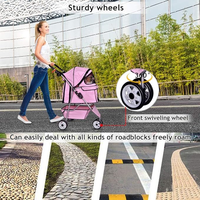 Dkeli 3-Wheel Pet Stroller, Lightweight Foldable Dog Stroller for Small Medium Dogs & Cats, Breathable Mesh & Weather Cover with Storage Basket, for Daily Walk Outdoor Travel (Pink)