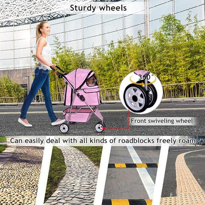 Dkeli 3-Wheel Pet Stroller, Lightweight Foldable Dog Stroller for Small Medium Dogs & Cats, Breathable Mesh & Weather Cover with Storage Basket, for Daily Walk Outdoor Travel (Pink)
