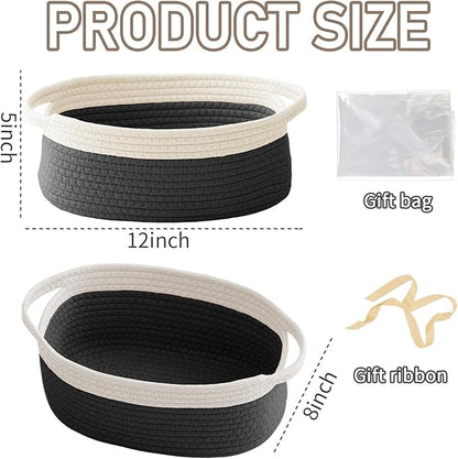 Woven Basket,Small Rope Storage Bin with Handles & Ribbon Bag, Organizer for Shelves Closets,Gift Basket Empty for Birthday,Books,Dog Toys, White&Black