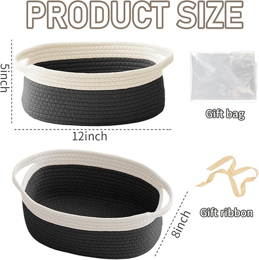 Woven Basket,Small Rope Storage Bin with Handles & Ribbon Bag, Organizer for Shelves Closets,Gift Basket Empty for Birthday,Books,Dog Toys, White&Black/3 Pack