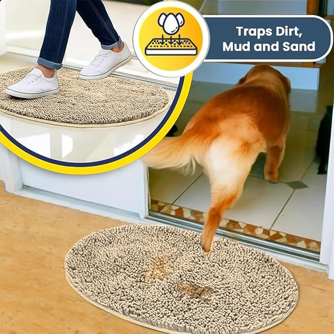 Muddy Mat® Shown on TV – Super Absorbent Microfiber Dog Door Mat for Muddy Paws, Non-Slip Washable Pet Rug, Quick Dry Chenille Entryway Carpet,Machine Washable Indoor Outdoor Mat, Beige Oval 3ft x 5ft