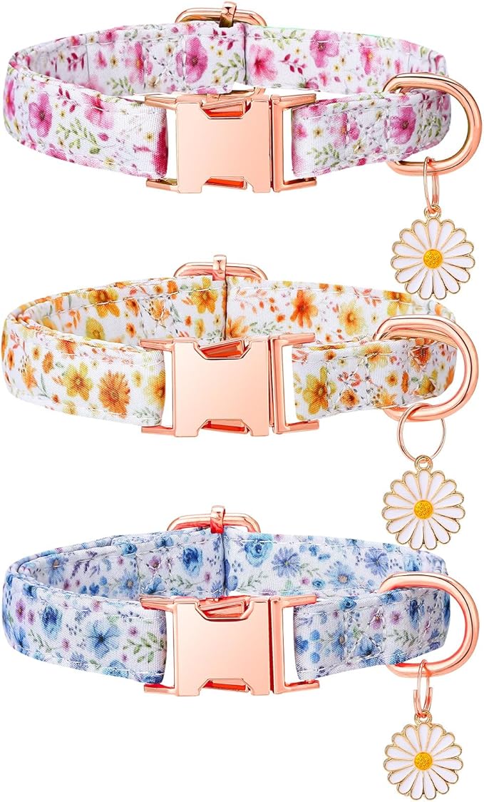 3 Pack Floral Dog Collars for Small Dogs Flower Dog Collars with Pendant for Girl Female Dogs Cute Puppy Pet Collar