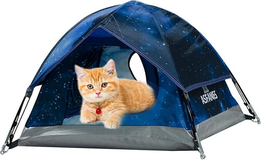 Outdoor Waterproof Pet Camping Tent, Cave Bed for Indoor Cats and Small Dogs, Portable Cat House Dog House, 21.6x21.6x14.9'', Navy Blue, S. (The Pole has Been Improved)