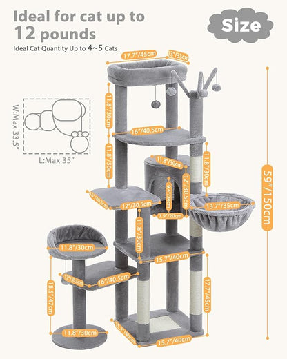 MUTTROS Cat Tree for Large Cats, 59-inch Tall Cat Tower with 3 Removable Pompom Sticks, Condo, Large Hammock, Scratching Post & 2 Perches, Grey
