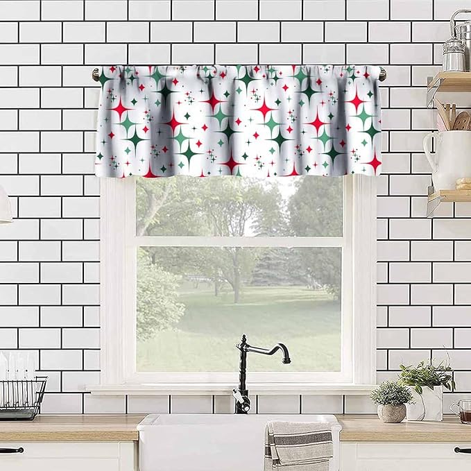 Mid Century Curtain Valance, 1950S 60S Christmas Design Retro Abstract Geometric Vintage Classic Window Valance Curtains for Farmhouse Bedroom Living Room Kitchen 54x18inch