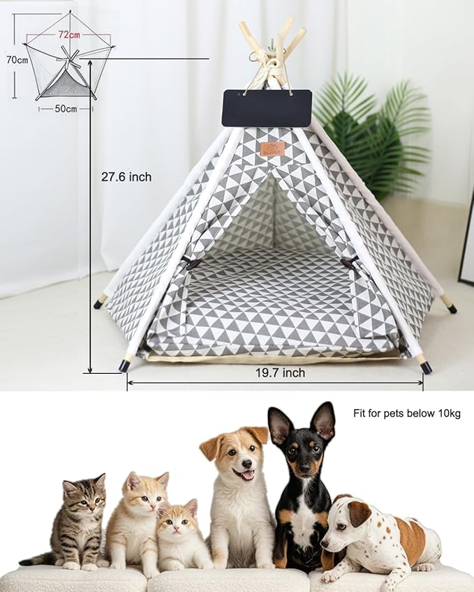 Pet Teepee Tent for Dogs & Cats - Cozy Dog House with Thick Cushion, Soft Cotton Canvas Pet Bed, Portable & Washable Pet Tent for Indoor & Outdoor Use, Easy Assembling for Small Pets