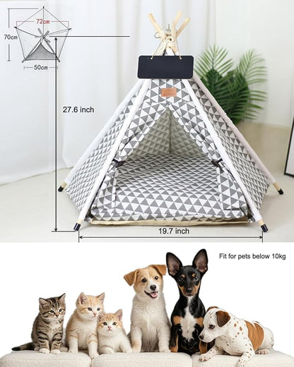 Pet Teepee Tent for Dogs & Cats - Cozy Dog House with Thick Cushion, Soft Cotton Canvas Pet Bed, Portable & Washable Pet Tent for Indoor & Outdoor Use, Easy Assembling for Small Pets
