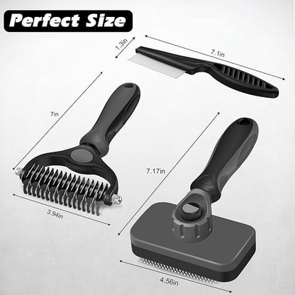 3PCS Self Cleaning Slicker Brush & Pet Grooming Rake & Flea Comb for Dogs,Cats and Horses | Double-Sided Dematting Comb & Skin Friendly Deshedding Grooming Tool | Premium Pet Supplies（Gray)