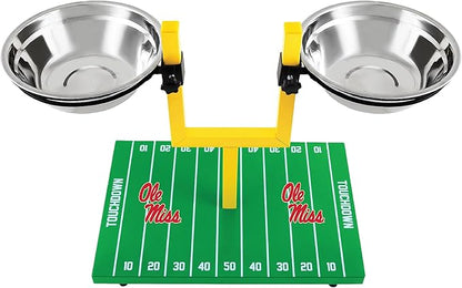 NCAA Mississippi Ole Miss Rebels Goalpost Football Field Dog Feeder – Adjustable Elevated Dog Bowls with Stand, 2 Stainless Steel Bowls, Non-Slip Rubber Feet, Raised Pet Feeder for Large & Small Dogs