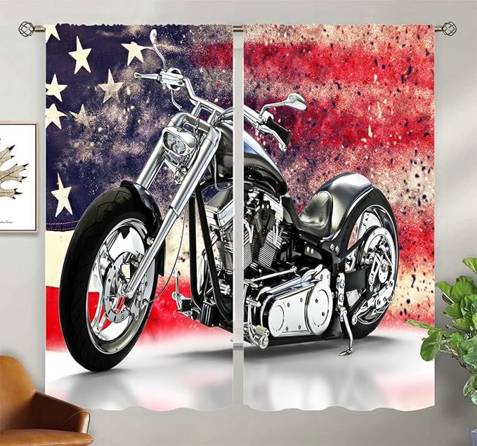 Motorcycle Blackout Curtains for Home Decor,custom black motorcycle american flag background Rod Pocket Thermal Insulated Drapes Darkening Window Curtain for Girls Boy Bedroom Living Room 63 x 63 Inch