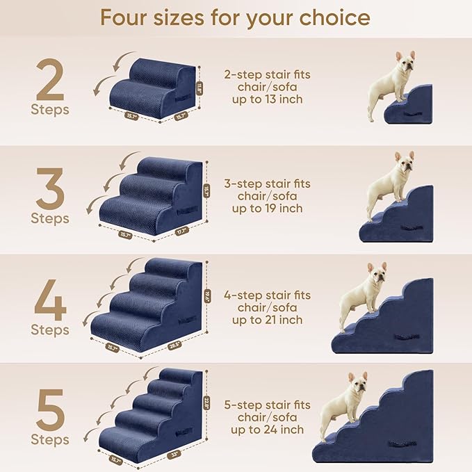 PAWSCART Pet Stairs for Dogs 3-Step, 15.7" H Pet Stairs for High Bed, Couch Sofa & Chair, 30D Material Soft Foam Dog Steps with Non-Slip Bottom Surface Removable Washable Cover, Blue