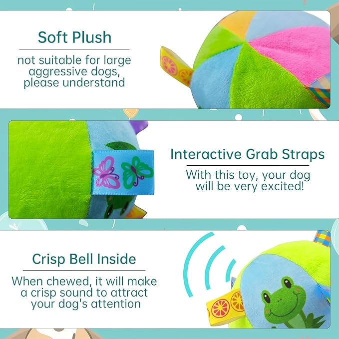 Squeaky Balls for Dogs, 12CM Dog Soccer Ball with Straps & Bell Inside for Tug of War Easy to Carry, Plush Soft Dog Toys for Small/Medium Breed, Kill Time Keep Busy (Green)